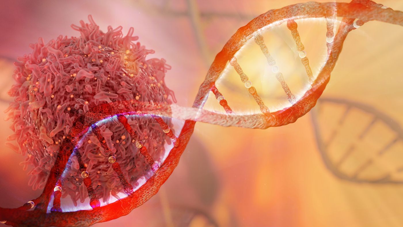 Illustration of a DNA double helix beside a cell