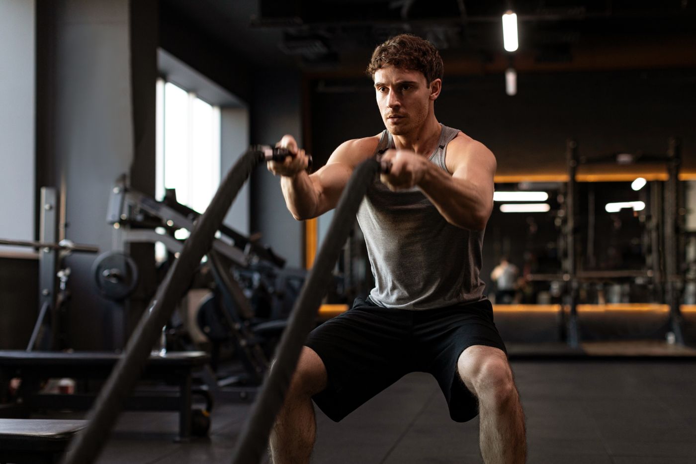 Man training with battle ropes in a gym