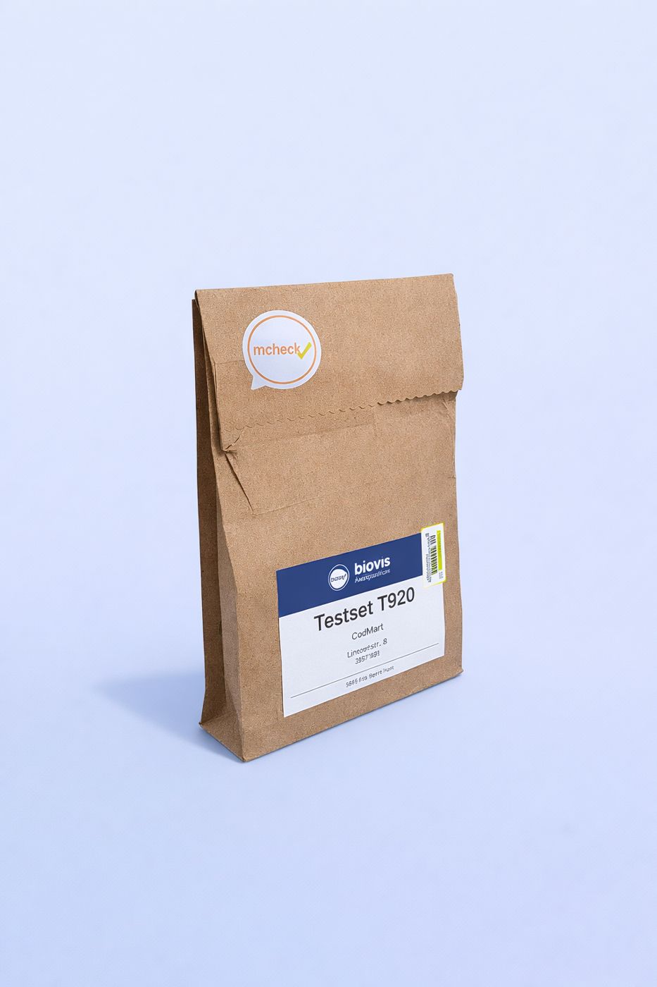 Kraft paper test kit pouch with a MeCheck sticker