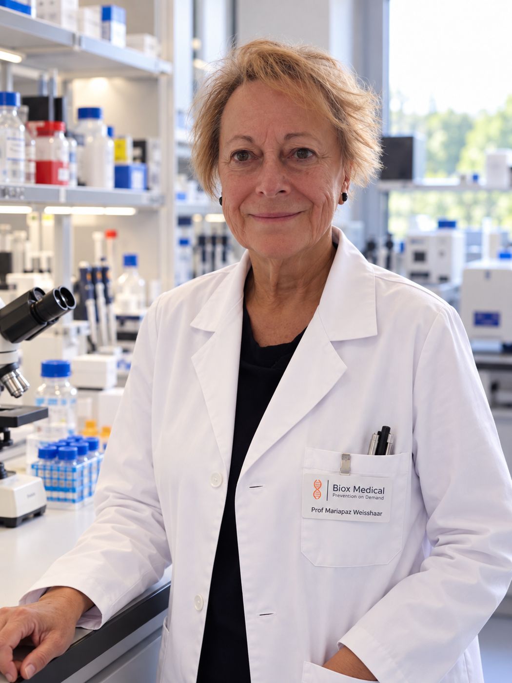 Prof Dr Maria-Paz Weisshaar in a white lab coat in the Biox Medical laboratory